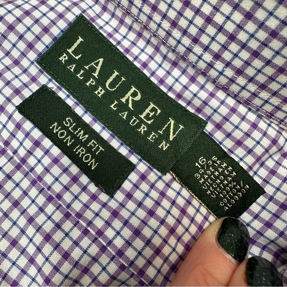 Ralph Lauren Button Down Shirt Mens Slim Fit Non Iron Collared Purple 16 34/35 - Picture 9 of 11